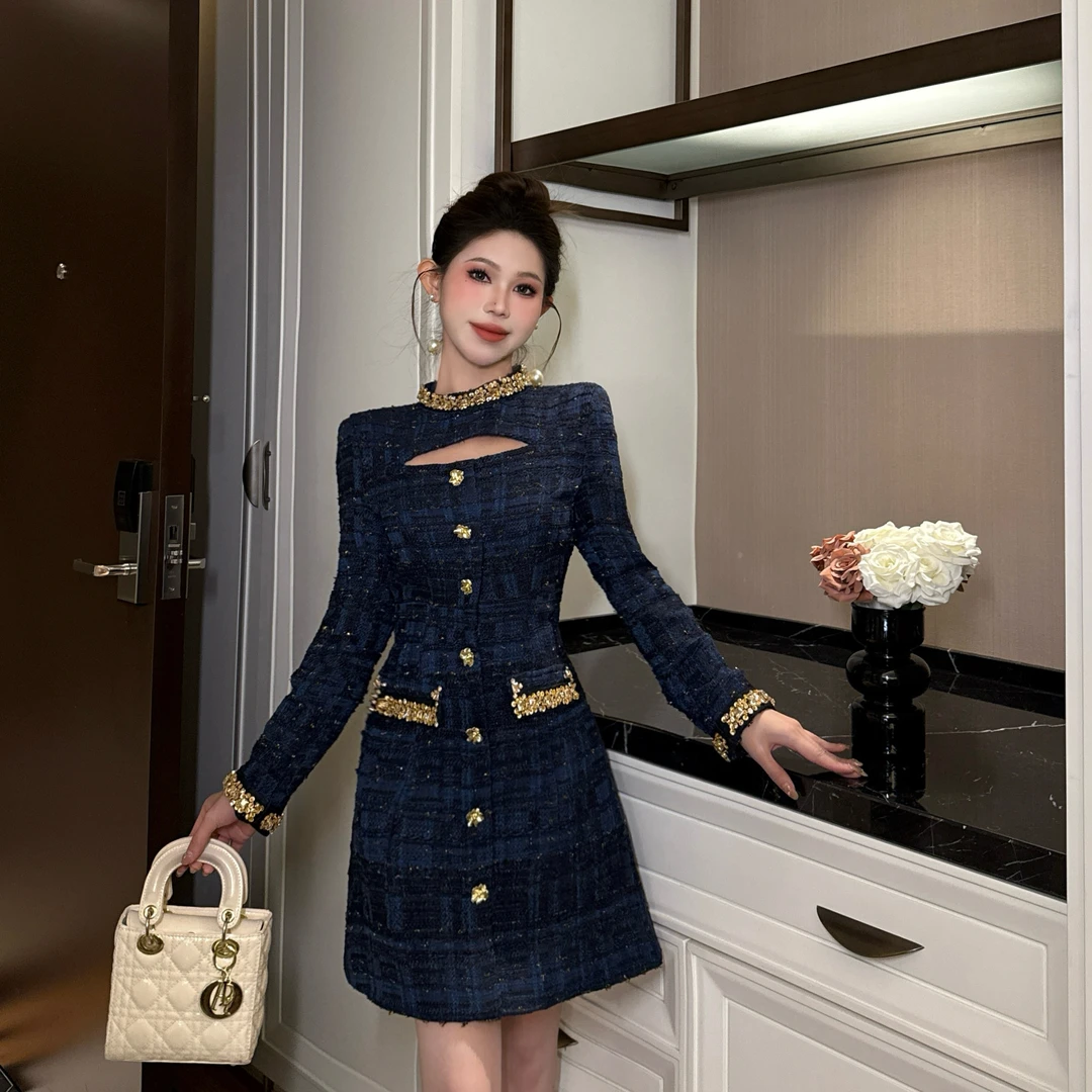 【惠子原创】时尚气质法式显瘦名媛修身镂空领设计感连衣裙15337