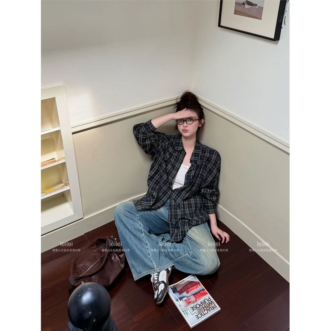 晶咕【第五街区】复古撞色格纹polo领长袖宽松衬衫上衣