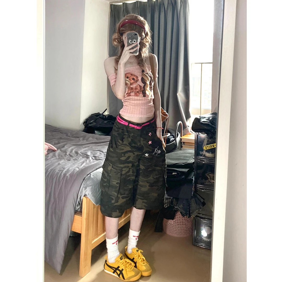 美式复古迷彩工装裤女夏季新款多口袋直筒休闲阔腿裤宽松七分裤子