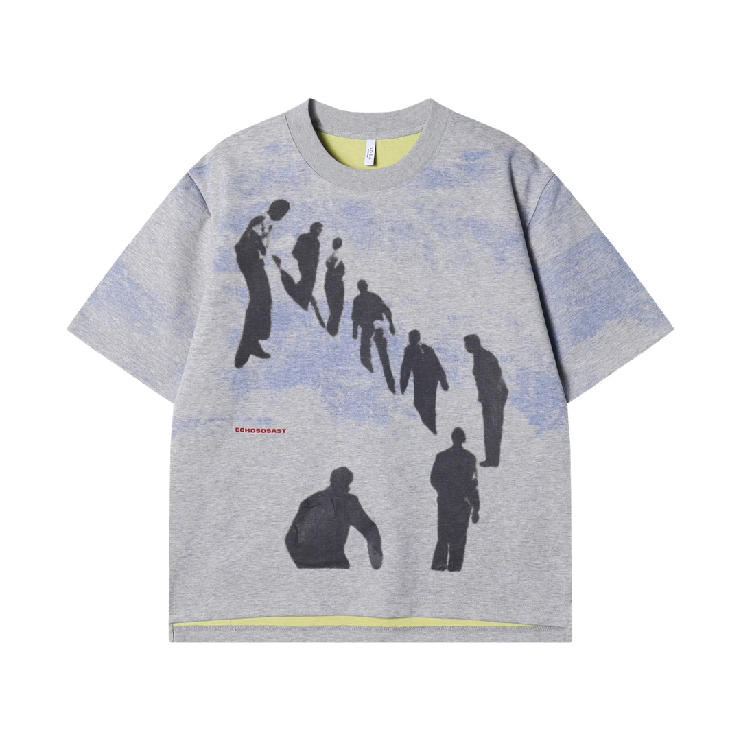 夏季高级感新款潮牌扎染人影圆领短袖T恤小众设计痞帅百搭上衣