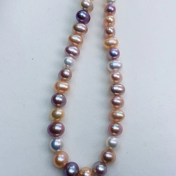 淡水珍珠颈饰银S925镶嵌7-8炫彩极强光糖果珠