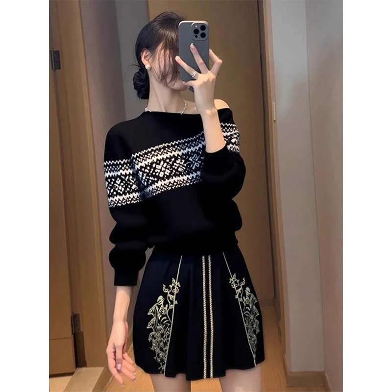 韩系早秋穿搭小个子时髦黑色费尔岛针织毛衣两件套装裙女2025新款