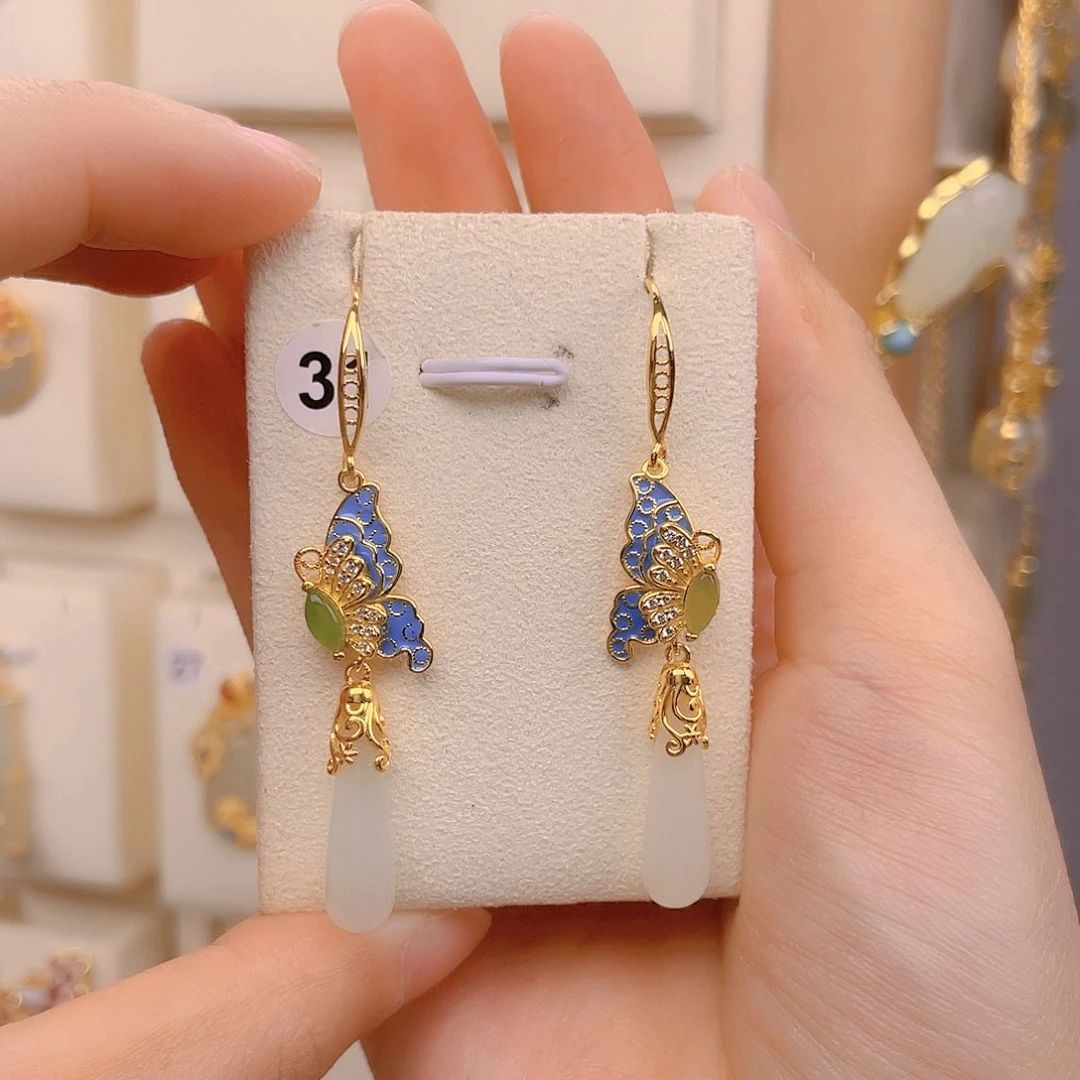 和田玉耳饰银S925镀金镶嵌