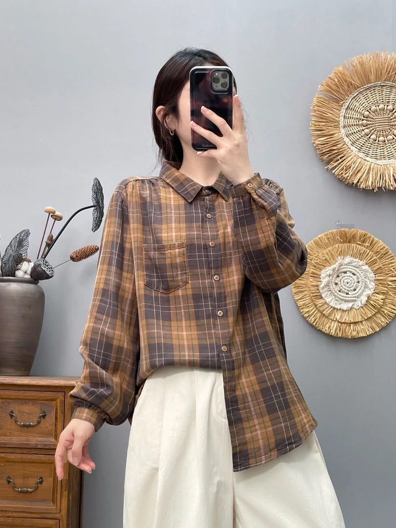 时尚格子休闲长袖衬衫女纯棉棉纱妈妈装洋气显瘦宽松减龄复古上衣