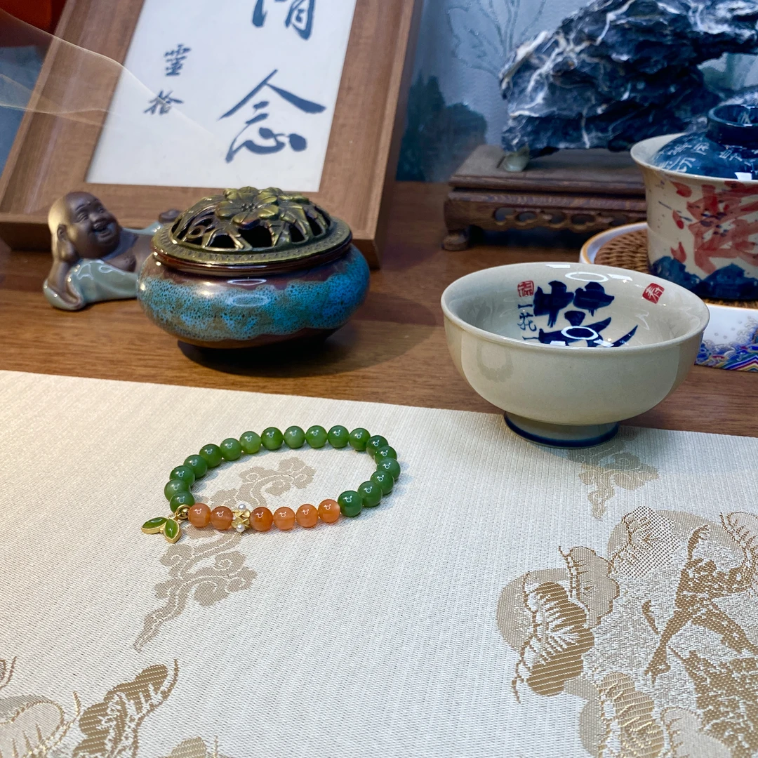 和田碧玉手串配南红A313674多样性发货