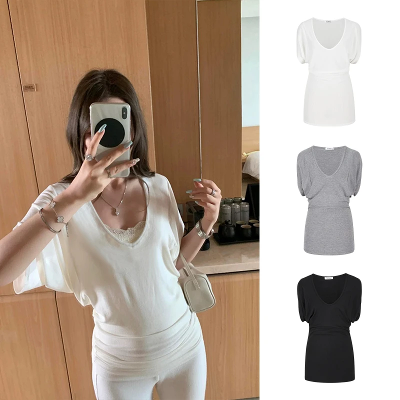 Moses Queen/魔西女王设计感蝙蝠袖宽松大V领短袖T恤纯色百搭上衣