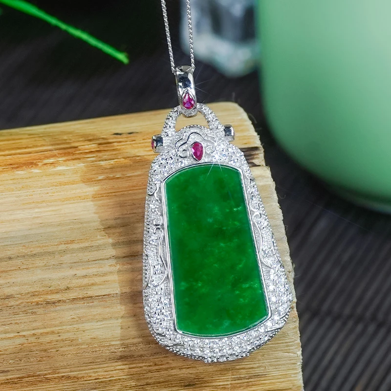 大气豪镶祥云花丝工艺银镶嵌天然辣绿翡翠A货无事牌单吊坠
