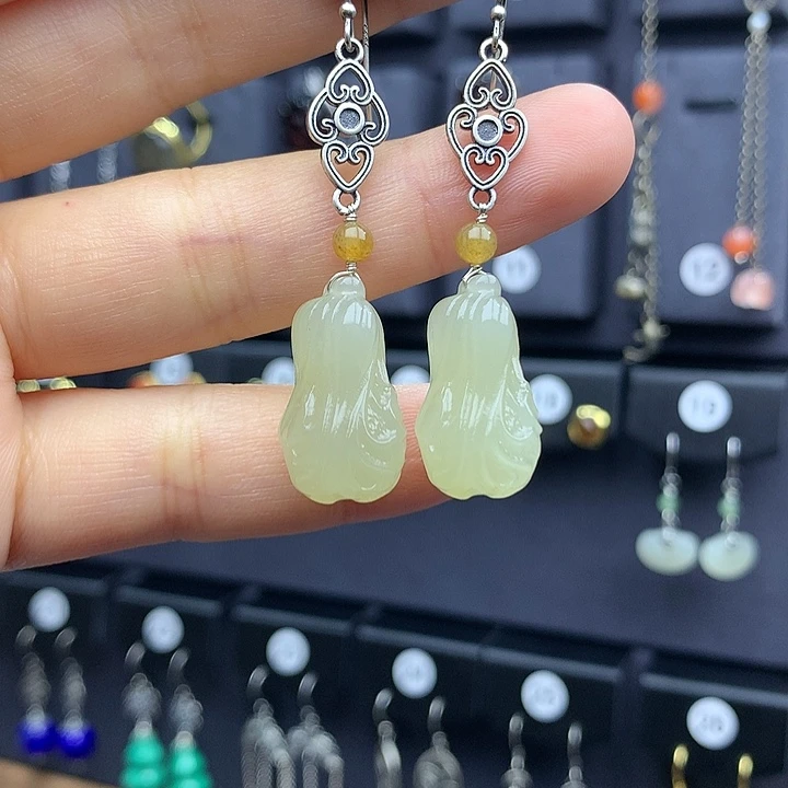 和田玉耳饰银S925镶嵌璇*