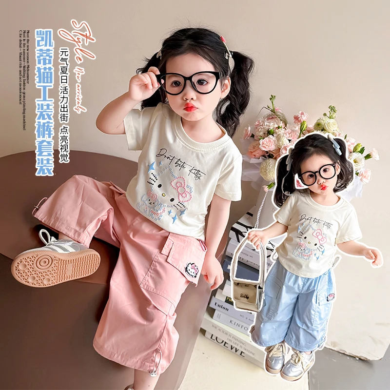 女童洋气套装宝宝夏季猫咪T恤工装裤两件套小女孩休闲可爱夏款潮