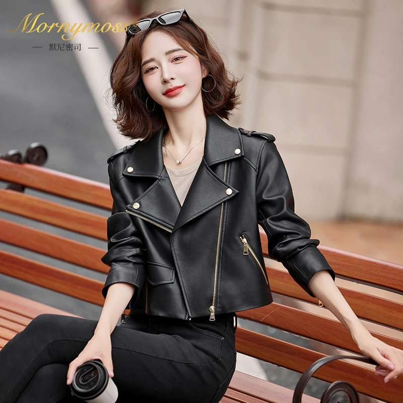 默尼密司品牌2024年秋冬新款真皮皮衣女短款绵羊皮机车时尚皮夹克