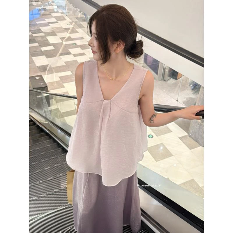 路人仙子自制【葡萄哟哟】法式V领无袖背心女夏设计感上衣JX145