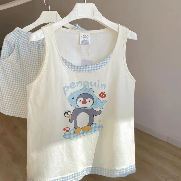 【卡通小企鹅】日系甜美背心睡衣女夏季2025新款家居服拼接两件套