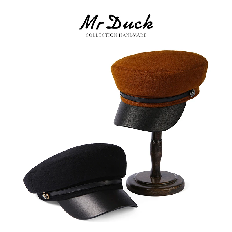Mr DUCK羊绒羊毛软糯富家千金海军帽气质平顶鸭舌帽贝雷帽女冬季