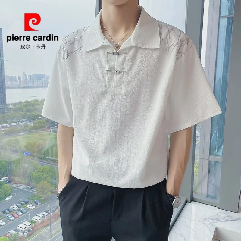 皮尔卡丹新中式盘扣衬衫男短袖白色寸衫休闲痞帅男装上衣夏季潮流