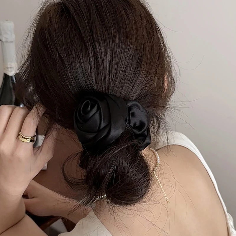 法式优雅黑大肠发圈女高级感玫瑰花发绳头绳2025新款紫色头花发饰