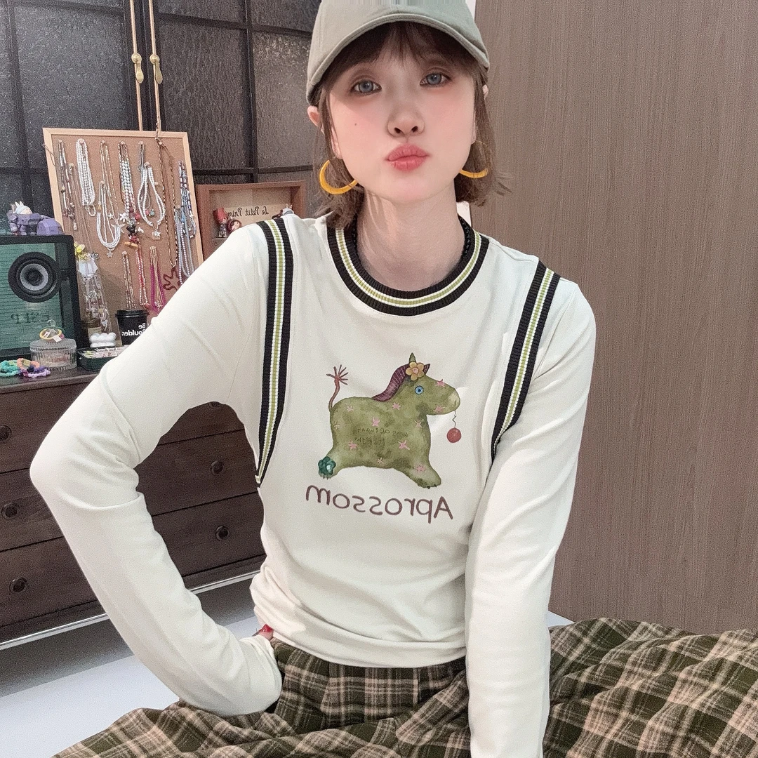Apr.【小马驹】秋冬新款时尚撞色假两件长袖百搭T恤上衣女25F182
