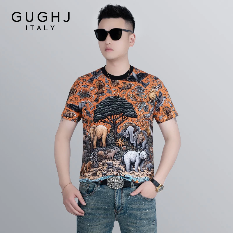 2025欧货夏季个性印花网红短袖T恤男士潮流修身百搭帅气圆领半袖