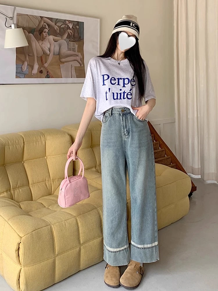 蓝色直筒牛仔裤女2025春季新款梨型身材小个子穿搭显瘦九分阔腿裤