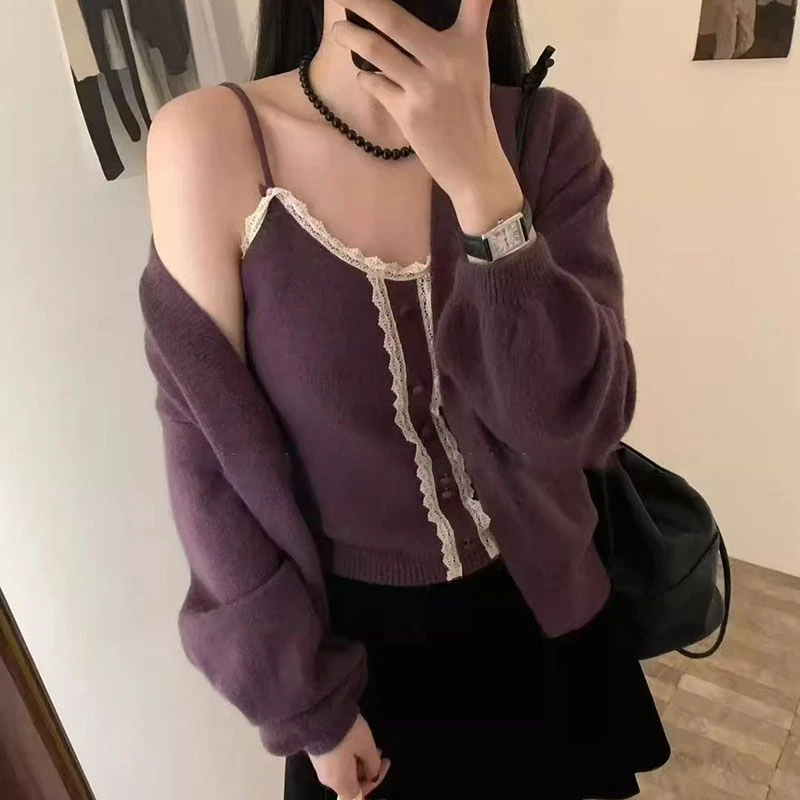 蕾丝花边吊带背心针织开衫外套两件套秋冬新款爆款百搭毛衣套装女