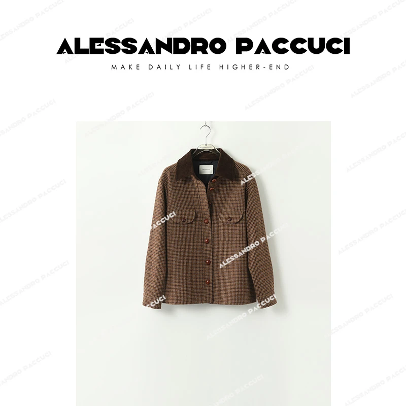 【孤品不退换】33003WT【国产】羊毛驼绒翻领千鸟格毛呢外套2024秋