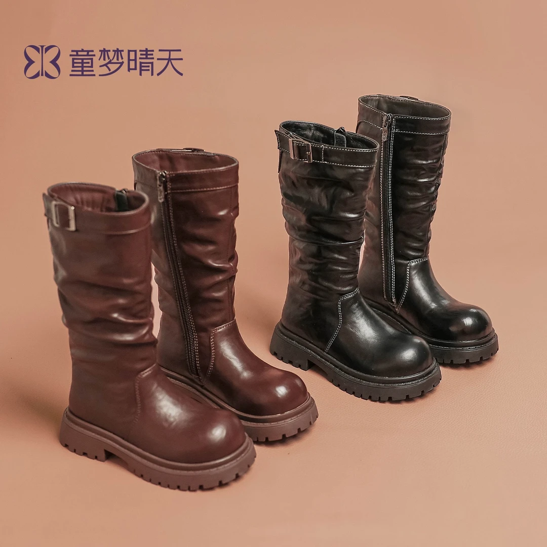 童梦晴天儿童高筒靴2025秋冬新款女童长靴黑色皮靴过膝女孩骑士靴