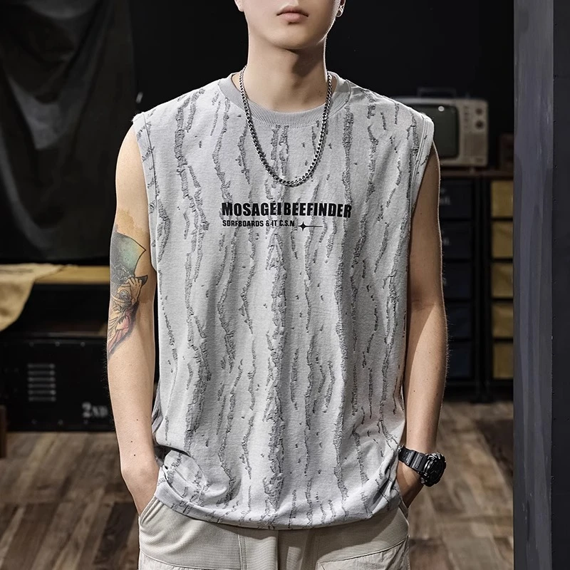 勾烂透气复古背心男夏季美式坎肩运动健身体恤男大码宽松无袖T恤