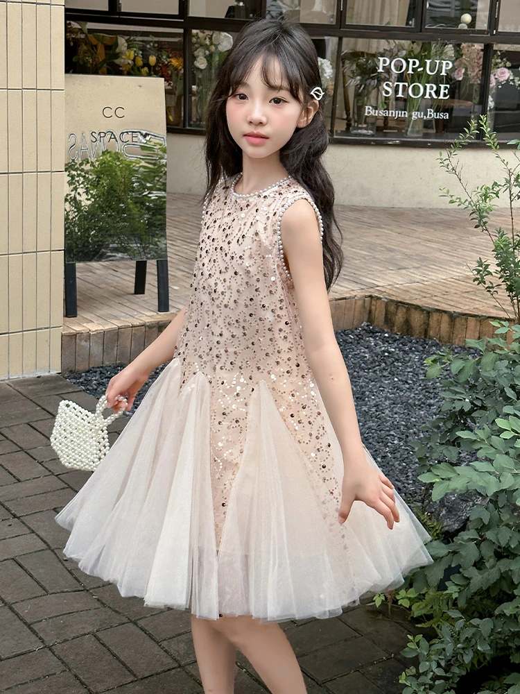 2025夏季新款洋气女孩儿童连衣裙气质高级优雅亮片礼服裙纱裙