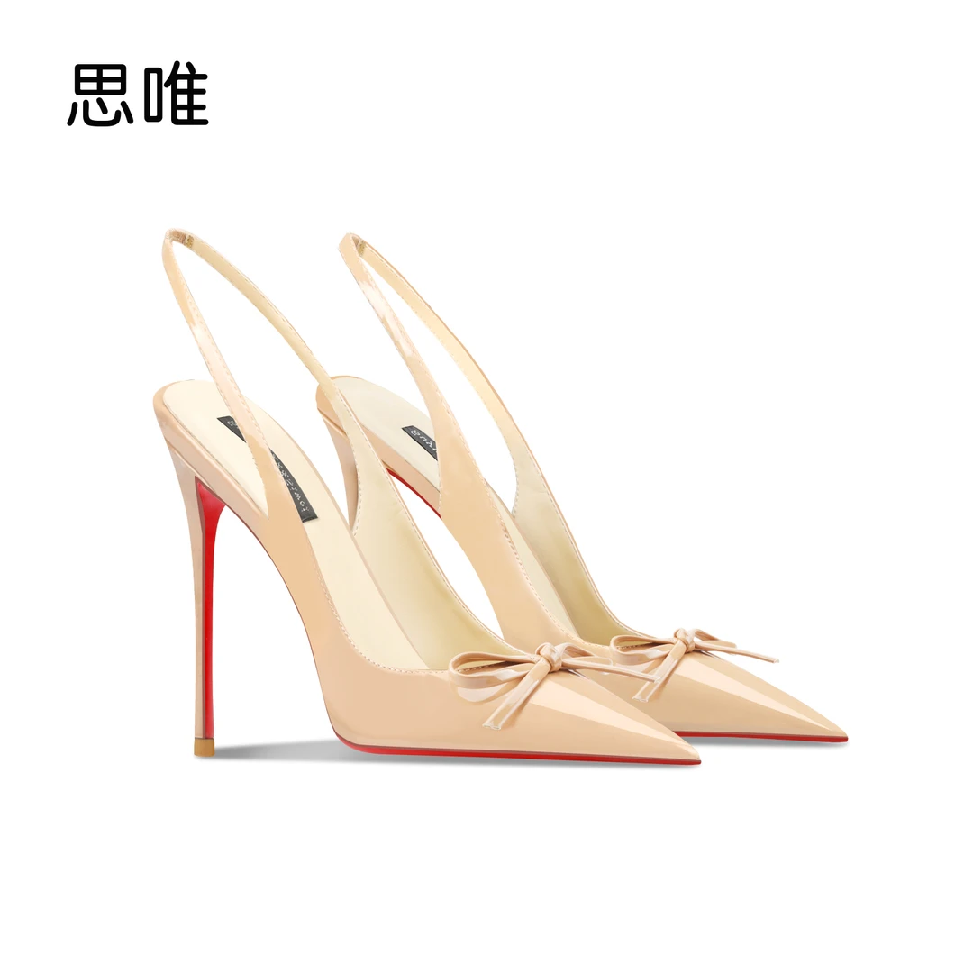 漆皮裸色蝴蝶结高跟凉鞋2025年春季新款浅口尖头细跟气质性感单鞋