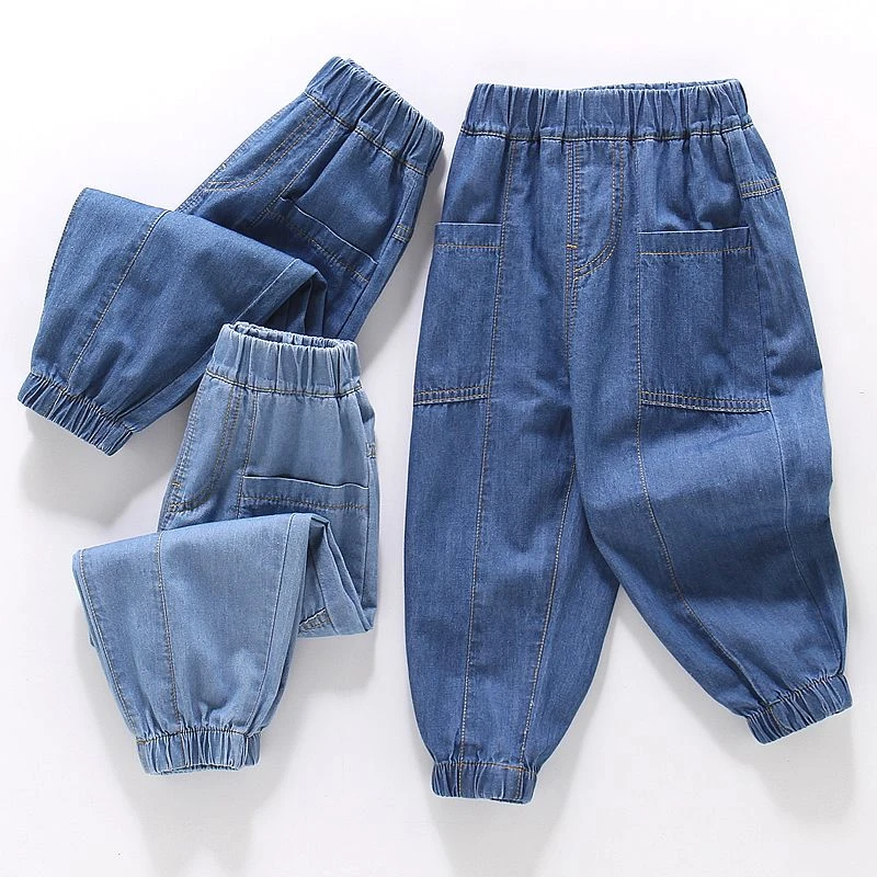 100%纯棉儿童牛仔裤夏季薄款女童全棉直筒长裤百搭柔软超薄防蚊裤