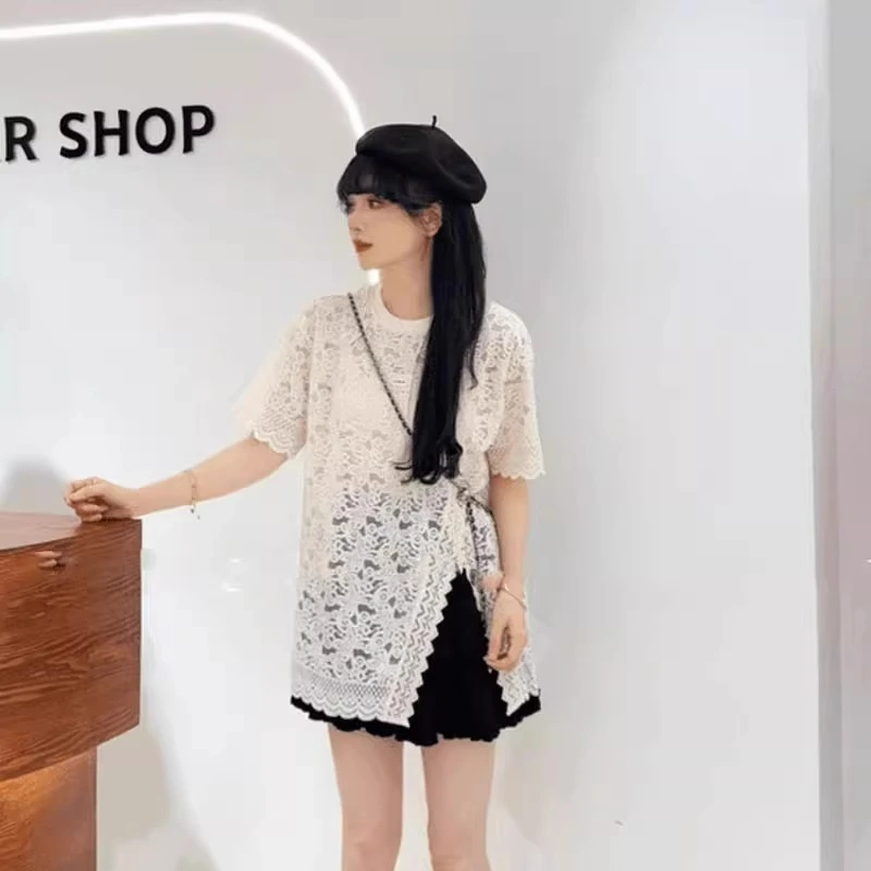 法式蕾丝提花镂空短袖t恤女夏季新款宽松开叉独特漂亮罩衫上衣潮