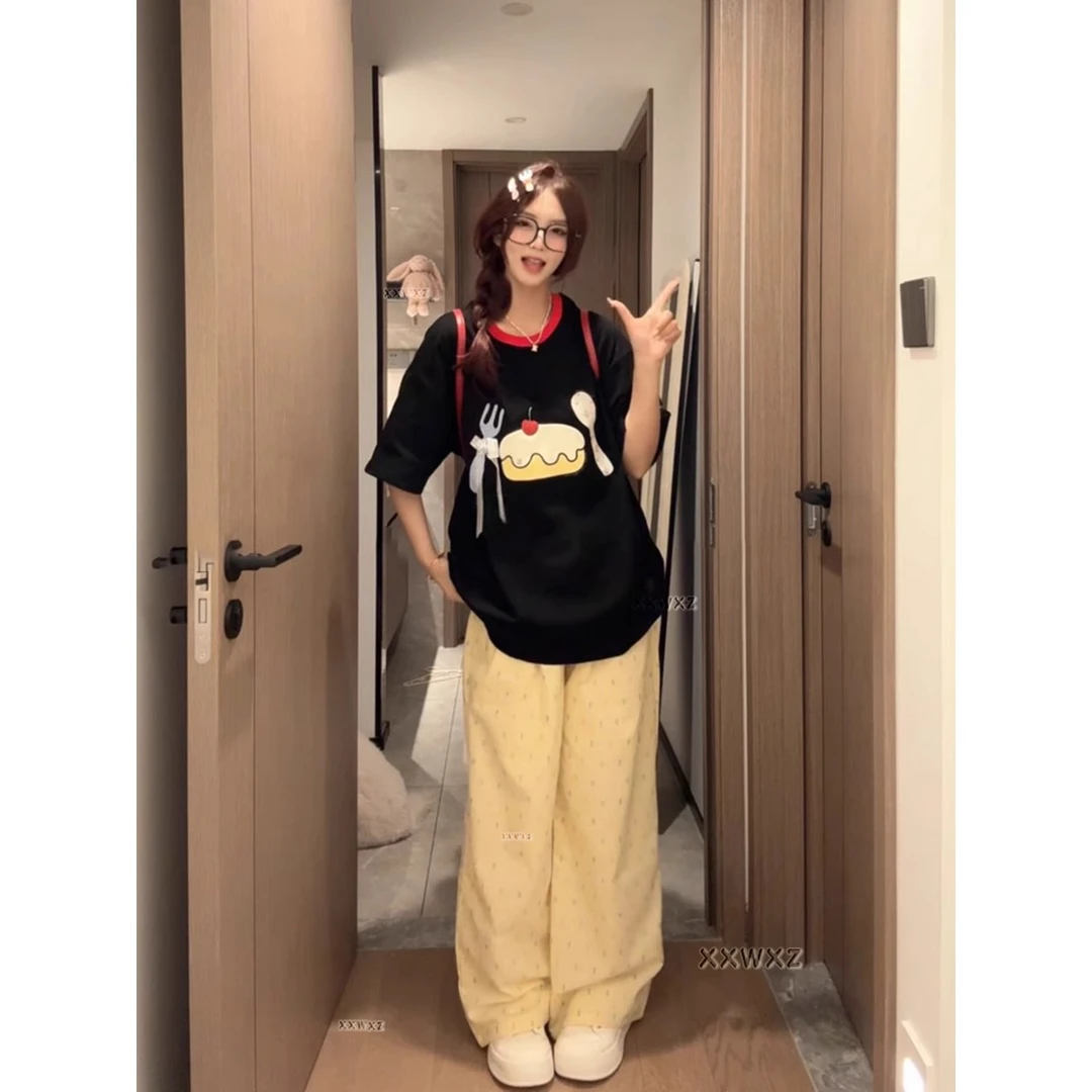 元气少女樱桃蛋糕贴布绣短袖T恤女夏季新款韩系慵懒风宽松上衣ins