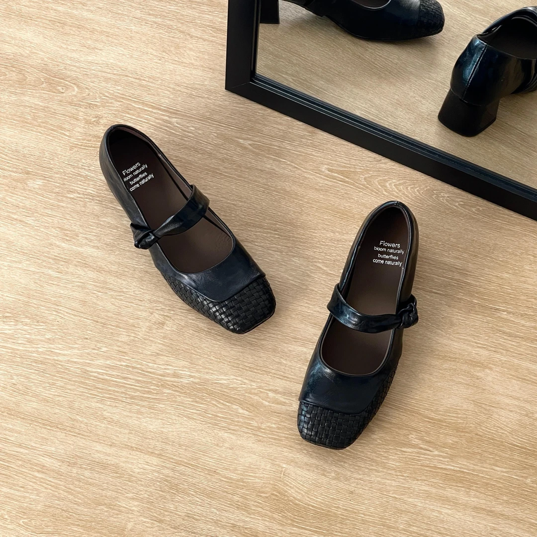 HUSSLOVE 头层编织牛皮·跟高4CM·百搭编织柔软拼接水染皮浅口单鞋