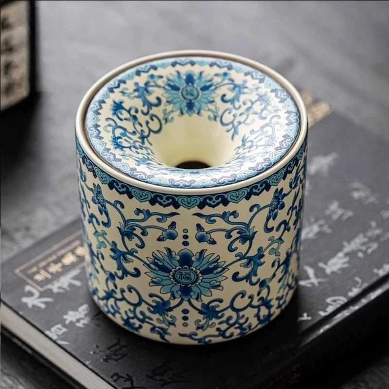 茶与诗米黄汝窑缠枝莲烟灰缸漏斗茶渣缸废茶水桶办公室防飞灰烟缸