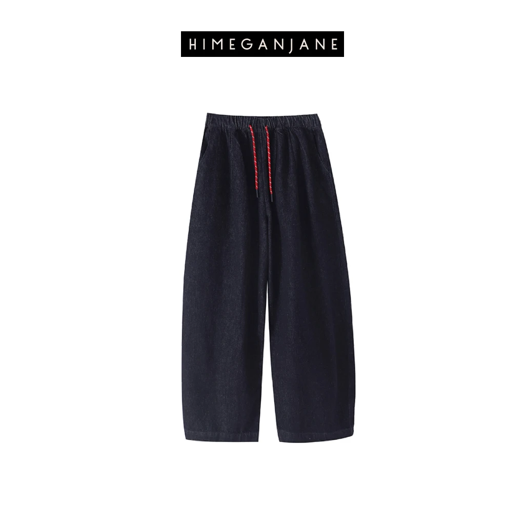 HIMEGANJANE 撞色复古红绳抓绒松紧腰阔腿牛仔裤11679