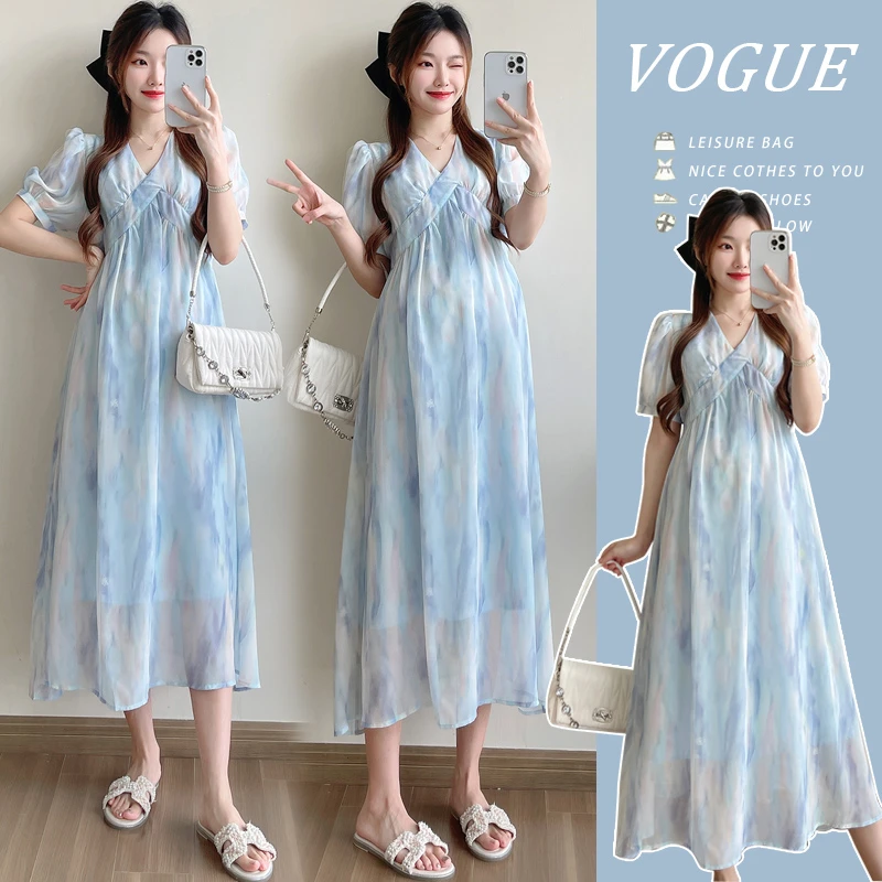 2025夏季经典印花中长款孕妇连衣裙甜美淑女短袖长裙大码碎花显瘦