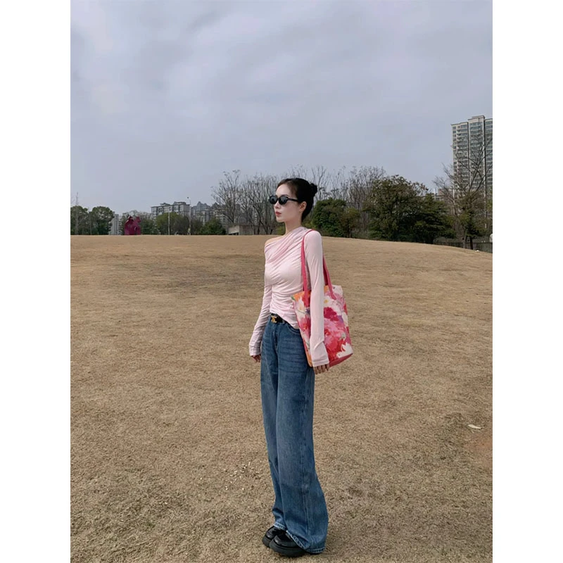 时尚软糯舒适温柔风斜肩透气长袖上衣设计感高腰直筒休闲牛仔长裤