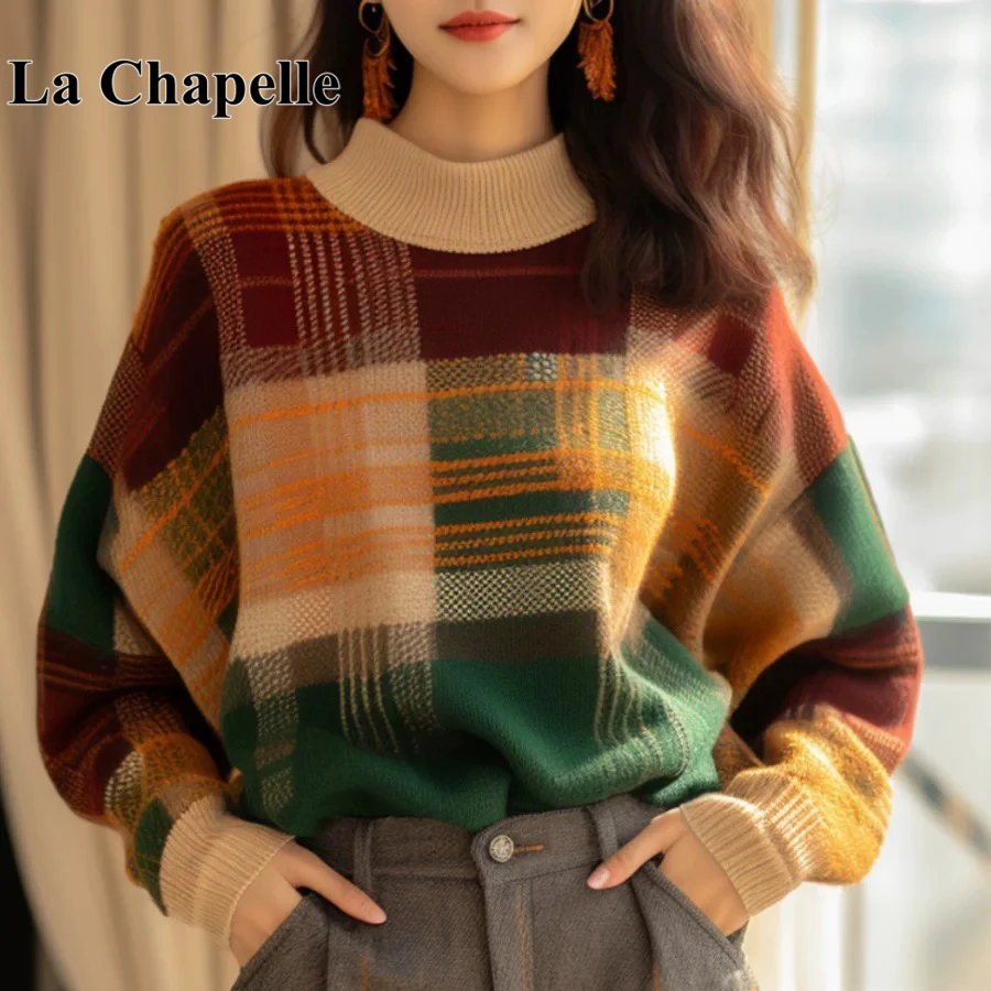 拉夏贝尔复古格子撞色半高领毛衣女秋冬新款重工慵懒宽松针织上衣