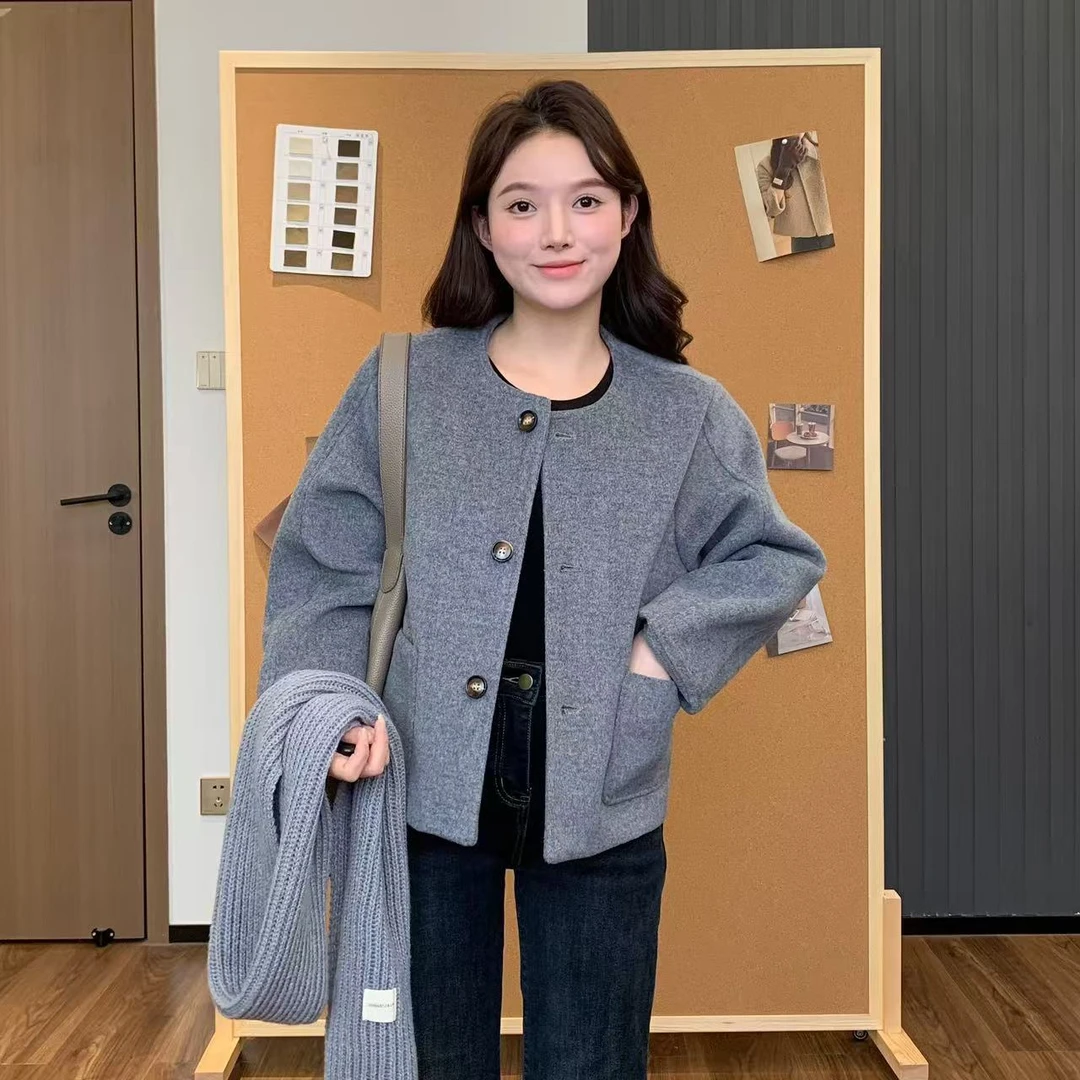【折扣】小羽酱小个子定制秋冬韩系百搭通勤短款圆领毛呢外套上衣