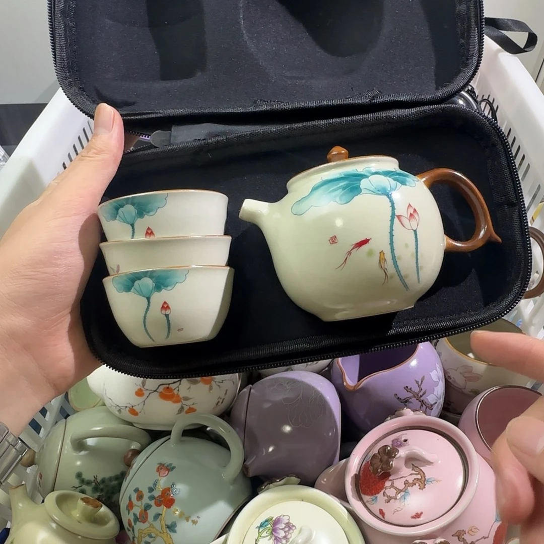 瓷片汝窑荷花一壶三杯套装