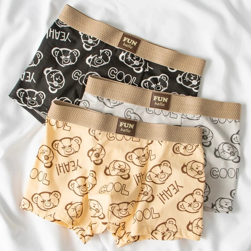 男生内裤青少年学生小熊印花裤衩夏男孩纯棉四角男士内穿短裤平角