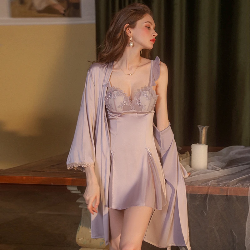 纯色刺绣深V睡衣甜美加胸垫吊带睡裙外袍家居服套装2405