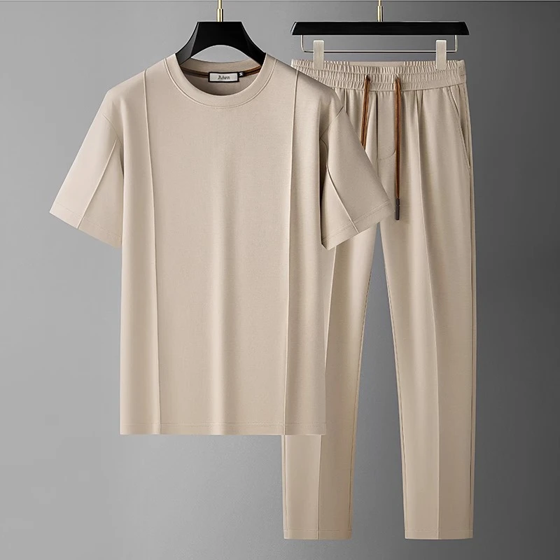 男士夏季休闲运动套装舒适透气简约轻奢圆领短袖t恤直筒休闲裤