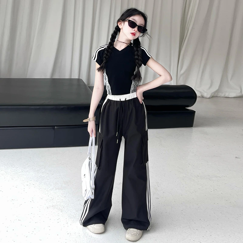 女童夏季套装2025新款蕾丝花边短袖T恤儿童潮酷休闲裤运动两件套