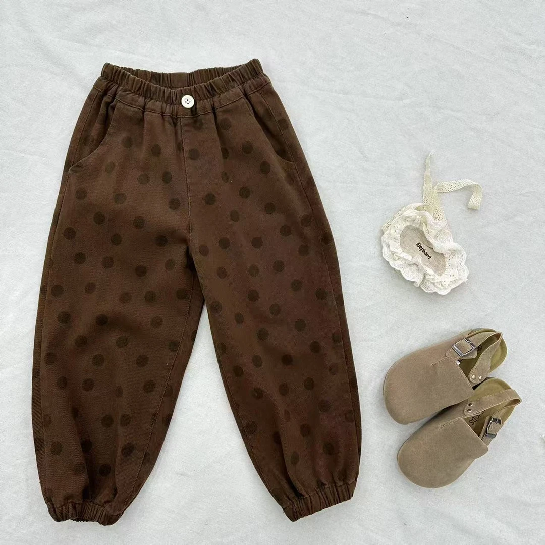 〖家〗秋款裤子儿童萌娃女宝穿搭腰口纽扣波点收脚休闲裤24150