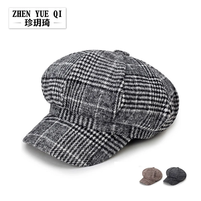 秋冬新款贝雷帽女士休闲童帽时尚毛呢格子百搭八角帽学生帽子女