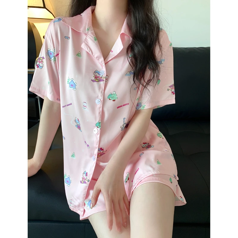 可爱冰丝睡衣女夏季2025新款开衫短袖短裤甜美套装家居服两件套