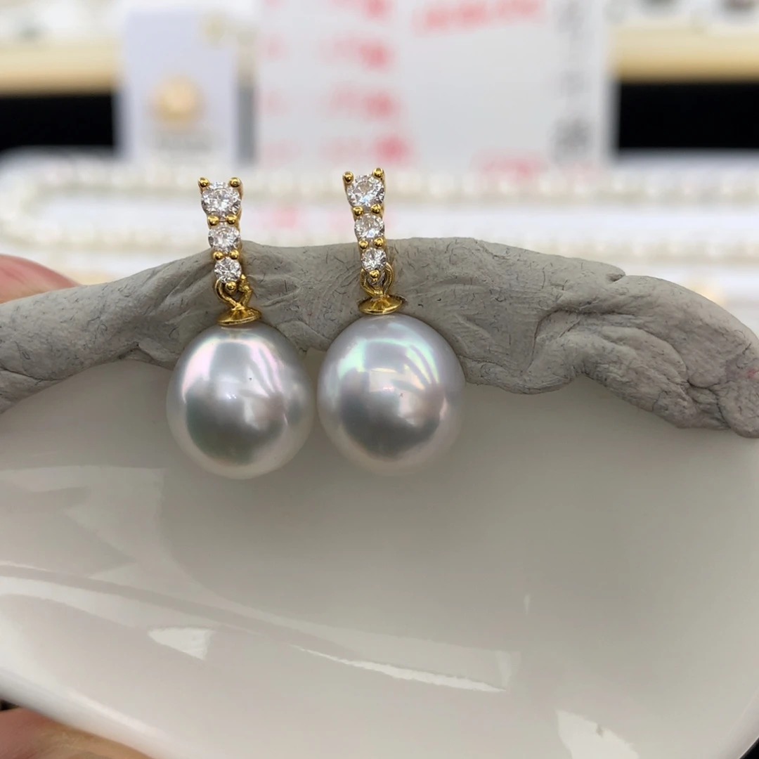 未镶嵌耳饰海水珍珠10.5mm澳白银蓝炫彩宝石光泽