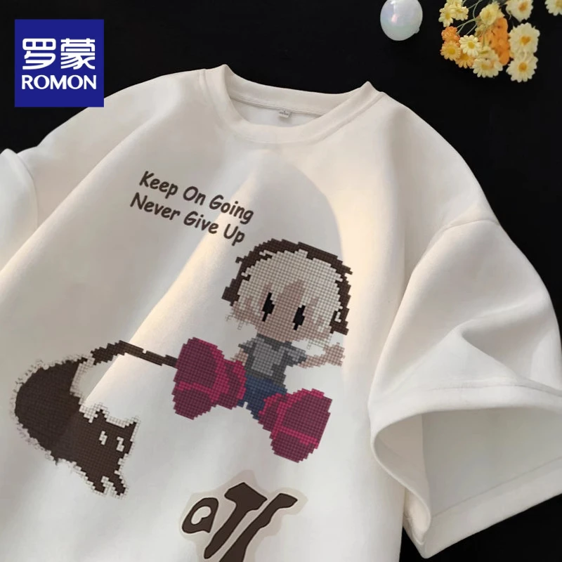 罗蒙短袖t恤男美式复古卡通印花潮流2025新款宽松重磅半袖