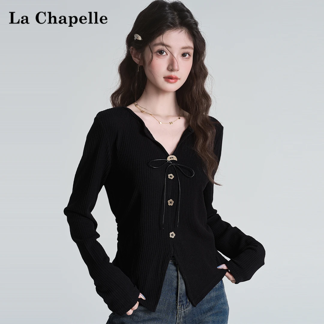 拉夏贝尔黑色法式修身长袖T恤女2025秋季新款漂亮独特打底衫上衣