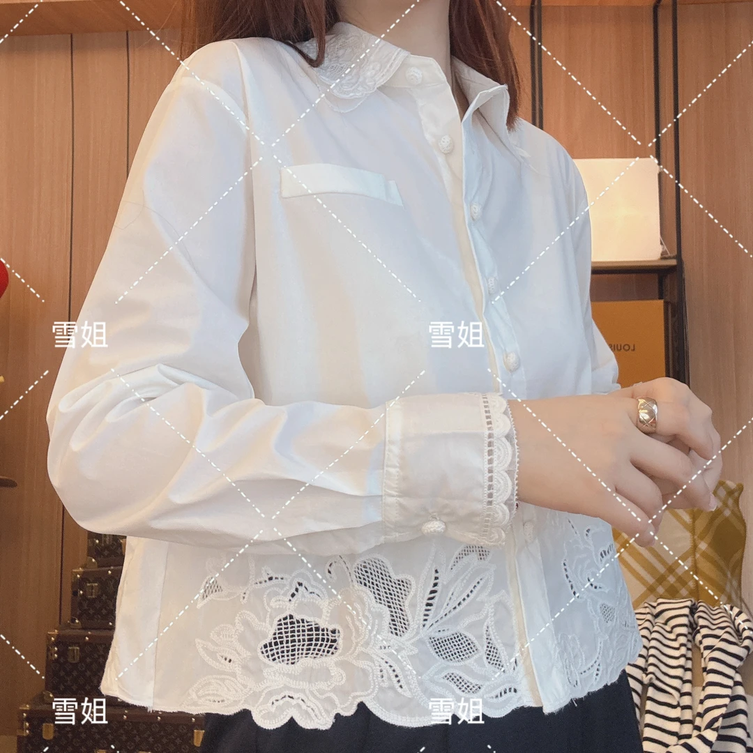雪姐服饰「牡丹花衬衫」匹马棉短款气质翻领拼接牡丹刺绣花衬衫女